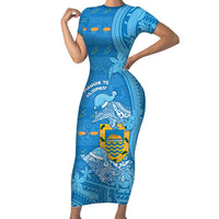 Tuvalu Christmas Family Matching Short Sleeve Bodycon Dress and Hawaiian Shirt Dolphins Santa Xmas Tribal Waves DT05 Mom's Dress Blue - Polynesian Pride