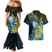 Personalised Tuvalu Couples Matching Mermaid Dress and Hawaiian Shirt Dolphin On The Waves
