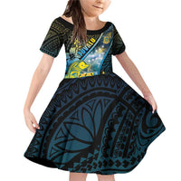 Personalised Tuvalu Family Matching Off Shoulder Short Dress and Hawaiian Shirt Dolphin On The Waves DT05 Daughter's Dress Blue - Polynesian Pride