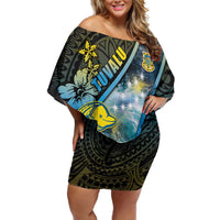 Personalised Tuvalu Family Matching Off Shoulder Short Dress and Hawaiian Shirt Dolphin On The Waves DT05 Mom's Dress Blue - Polynesian Pride