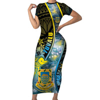 Personalised Tuvalu Family Matching Short Sleeve Bodycon Dress and Hawaiian Shirt Dolphin On The Waves DT05 Mom's Dress Blue - Polynesian Pride