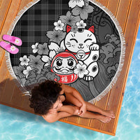 Black Palaka Hawaiian And Japanese Beach Blanket Maneki Neko And Sakura Bloom