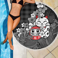 Black Palaka Hawaiian And Japanese Beach Blanket Maneki Neko And Sakura Bloom