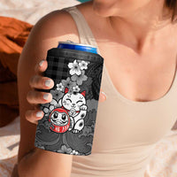 Black Palaka Hawaiian And Japanese 4 in 1 Can Cooler Tumbler Maneki Neko And Sakura Bloom