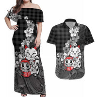 Black Palaka Hawaiian And Japanese Couples Matching Off Shoulder Maxi Dress and Hawaiian Shirt Maneki Neko And Sakura Bloom DT05 Black - Polynesian Pride