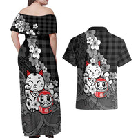 Black Palaka Hawaiian And Japanese Couples Matching Off Shoulder Maxi Dress and Hawaiian Shirt Maneki Neko And Sakura Bloom DT05 - Polynesian Pride