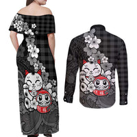 Black Palaka Hawaiian And Japanese Couples Matching Off Shoulder Maxi Dress and Long Sleeve Button Shirt Maneki Neko And Sakura Bloom DT05 - Polynesian Pride