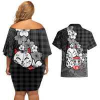 Black Palaka Hawaiian And Japanese Couples Matching Off Shoulder Short Dress and Hawaiian Shirt Maneki Neko And Sakura Bloom DT05 - Polynesian Pride