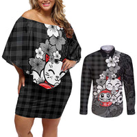 Black Palaka Hawaiian And Japanese Couples Matching Off Shoulder Short Dress and Long Sleeve Button Shirt Maneki Neko And Sakura Bloom DT05 Black - Polynesian Pride