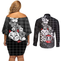 Black Palaka Hawaiian And Japanese Couples Matching Off Shoulder Short Dress and Long Sleeve Button Shirt Maneki Neko And Sakura Bloom DT05 - Polynesian Pride