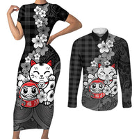Black Palaka Hawaiian And Japanese Couples Matching Short Sleeve Bodycon Dress and Long Sleeve Button Shirt Maneki Neko And Sakura Bloom DT05 Black - Polynesian Pride