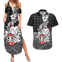 Black Palaka Hawaiian And Japanese Couples Matching Summer Maxi Dress and Hawaiian Shirt Maneki Neko And Sakura Bloom DT05 Black - Polynesian Pride