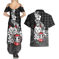Black Palaka Hawaiian And Japanese Couples Matching Summer Maxi Dress and Hawaiian Shirt Maneki Neko And Sakura Bloom DT05 - Polynesian Pride