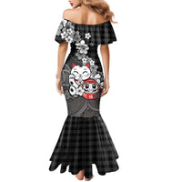 Black Palaka Hawaiian And Japanese Family Matching Mermaid Dress and Hawaiian Shirt Maneki Neko And Sakura Bloom DT05 - Polynesian Pride