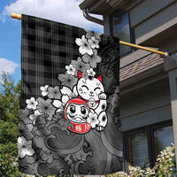 Black Palaka Hawaiian And Japanese Garden Flag Maneki Neko And Sakura Bloom