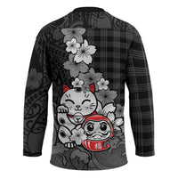 Black Palaka Hawaiian And Japanese Hockey Jersey Maneki Neko And Sakura Bloom