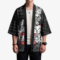 Black Palaka Hawaiian And Japanese Kimono Maneki Neko And Sakura Bloom