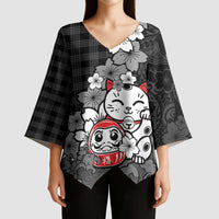 Black Palaka Hawaiian And Japanese Kimono Sleeve Blouse Maneki Neko And Sakura Bloom