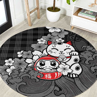 Black Palaka Hawaiian And Japanese Round Carpet Maneki Neko And Sakura Bloom