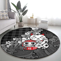 Black Palaka Hawaiian And Japanese Round Carpet Maneki Neko And Sakura Bloom