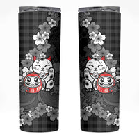 Black Palaka Hawaiian And Japanese Skinny Tumbler Maneki Neko And Sakura Bloom DT05 Black - Polynesian Pride