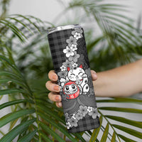 Black Palaka Hawaiian And Japanese Skinny Tumbler Maneki Neko And Sakura Bloom DT05 - Polynesian Pride