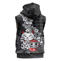 Black Palaka Hawaiian And Japanese Sleeveless Zip Hoodie Maneki Neko And Sakura Bloom
