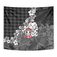 Black Palaka Hawaiian And Japanese Tapestry Maneki Neko And Sakura Bloom