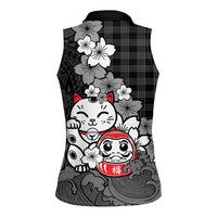Black Palaka Hawaiian And Japanese Women Sleeveless Polo Shirt Maneki Neko And Sakura Bloom DT05 - Polynesian Pride