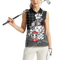 Black Palaka Hawaiian And Japanese Women Sleeveless Polo Shirt Maneki Neko And Sakura Bloom DT05 - Polynesian Pride