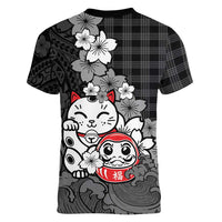 Black Palaka Hawaiian And Japanese Women V-Neck T-Shirt Maneki Neko And Sakura Bloom DT05 - Polynesian Pride