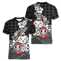 Black Palaka Hawaiian And Japanese Women V-Neck T-Shirt Maneki Neko And Sakura Bloom DT05 - Polynesian Pride