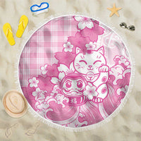 Pink Palaka Hawaiian And Japanese Beach Blanket Maneki Neko And Sakura Bloom