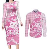 Pink Palaka Hawaiian And Japanese Couples Matching Long Sleeve Bodycon Dress and Long Sleeve Button Shirt Maneki Neko And Sakura Bloom DT05 Pink - Polynesian Pride