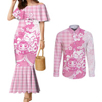 Pink Palaka Hawaiian And Japanese Couples Matching Mermaid Dress and Long Sleeve Button Shirt Maneki Neko And Sakura Bloom DT05 Pink - Polynesian Pride