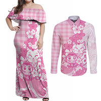 Pink Palaka Hawaiian And Japanese Couples Matching Off Shoulder Maxi Dress and Long Sleeve Button Shirt Maneki Neko And Sakura Bloom DT05 Pink - Polynesian Pride