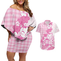 Pink Palaka Hawaiian And Japanese Couples Matching Off Shoulder Short Dress and Hawaiian Shirt Maneki Neko And Sakura Bloom DT05 Pink - Polynesian Pride