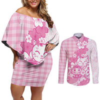 Pink Palaka Hawaiian And Japanese Couples Matching Off Shoulder Short Dress and Long Sleeve Button Shirt Maneki Neko And Sakura Bloom DT05 Pink - Polynesian Pride
