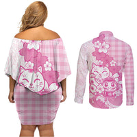 Pink Palaka Hawaiian And Japanese Couples Matching Off Shoulder Short Dress and Long Sleeve Button Shirt Maneki Neko And Sakura Bloom DT05 - Polynesian Pride