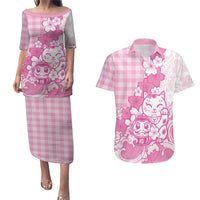 Pink Palaka Hawaiian And Japanese Couples Matching Puletasi and Hawaiian Shirt Maneki Neko And Sakura Bloom DT05 Pink - Polynesian Pride