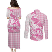 Pink Palaka Hawaiian And Japanese Couples Matching Puletasi and Long Sleeve Button Shirt Maneki Neko And Sakura Bloom DT05 - Polynesian Pride