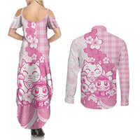 Pink Palaka Hawaiian And Japanese Couples Matching Summer Maxi Dress and Long Sleeve Button Shirt Maneki Neko And Sakura Bloom DT05 - Polynesian Pride