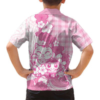 Pink Palaka Hawaiian And Japanese Family Matching Off The Shoulder Long Sleeve Dress and Hawaiian Shirt Maneki Neko And Sakura Bloom DT05 - Polynesian Pride