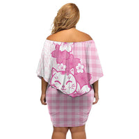 Pink Palaka Hawaiian And Japanese Family Matching Off Shoulder Short Dress and Hawaiian Shirt Maneki Neko And Sakura Bloom DT05 - Polynesian Pride