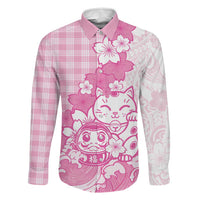 Pink Palaka Hawaiian And Japanese Family Matching Short Sleeve Bodycon Dress and Hawaiian Shirt Maneki Neko And Sakura Bloom DT05 Dad's Shirt - Long Sleeve Pink - Polynesian Pride