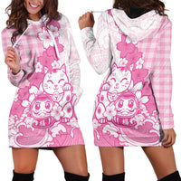 Pink Palaka Hawaiian And Japanese Hoodie Dress Maneki Neko And Sakura Bloom DT05 - Polynesian Pride