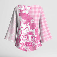 Pink Palaka Hawaiian And Japanese Kimono Sleeve Blouse Maneki Neko And Sakura Bloom