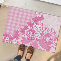 Pink Palaka Hawaiian And Japanese Rubber Doormat Maneki Neko And Sakura Bloom