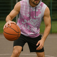 Pink Palaka Hawaiian And Japanese Sleeveless Hoodie Maneki Neko And Sakura Bloom
