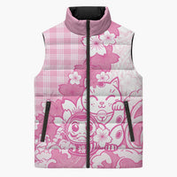 Pink Palaka Hawaiian And Japanese Sleeveless Puffer Jacket Maneki Neko And Sakura Bloom